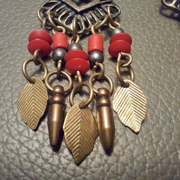 Bohemian Style Dangle Earrings Red Beads Bronze Leaf Charms Tribal - Picture 4 of 6